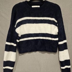 Altar'd State Striped Fuzzy Cropped Sweater Navy Blue White Women's Small